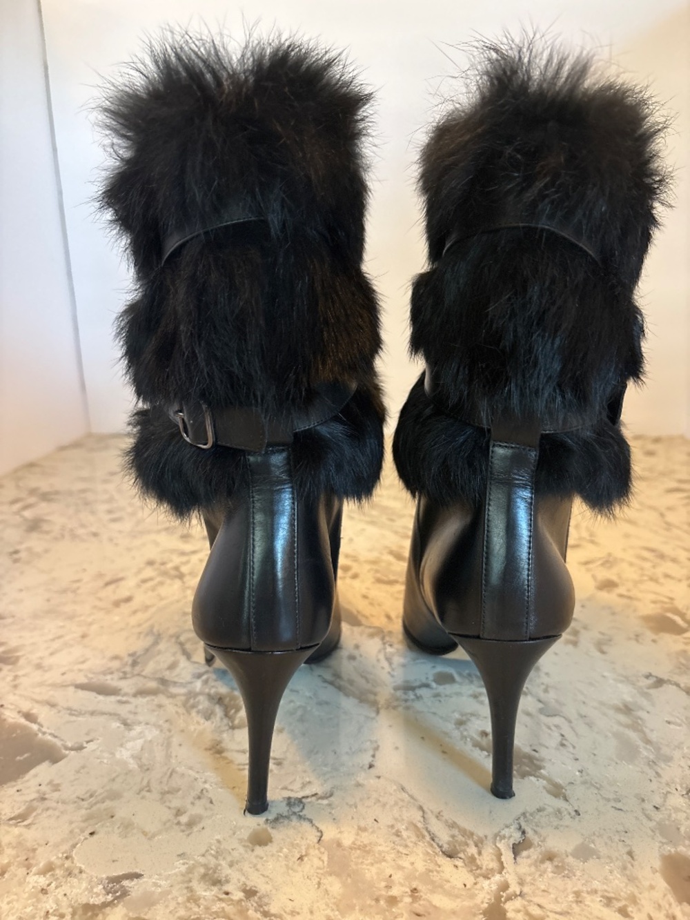 EUC  Coach Marlow Black Leather High Heel Mid Calf Boots Rabbit Fur Trim 6.5 - Picture 3 of 6